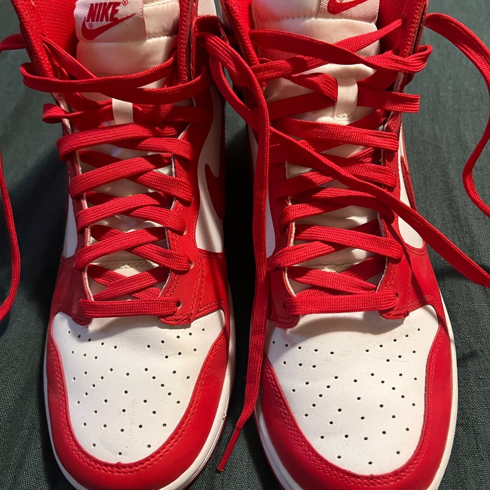 Red and White Nike high top Dunks